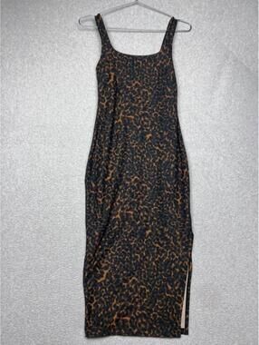 Beyond Yoga Dress XS Black Brown Softmark Icon Leopard Print Slit Athletic Midi